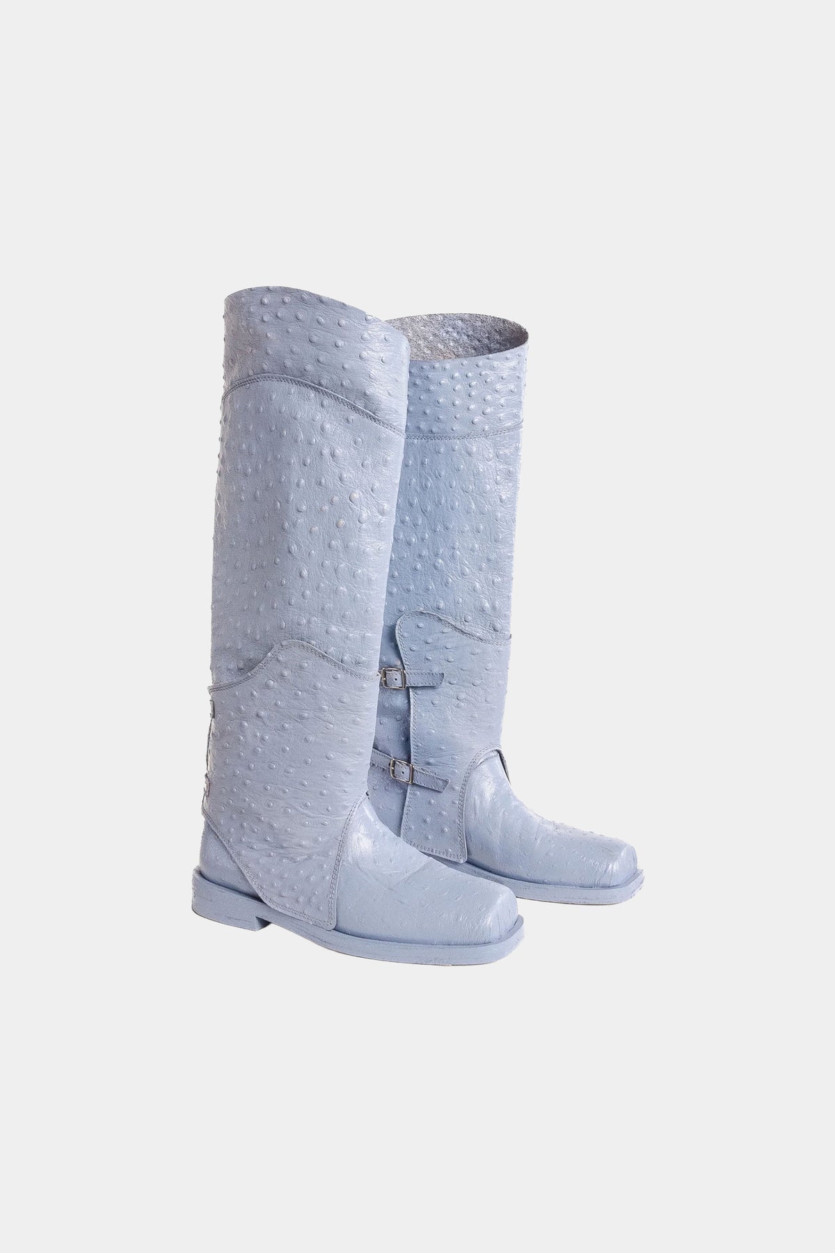MYUS Cavalieres Jumping Boot right in blue ostrich leather with wood sole