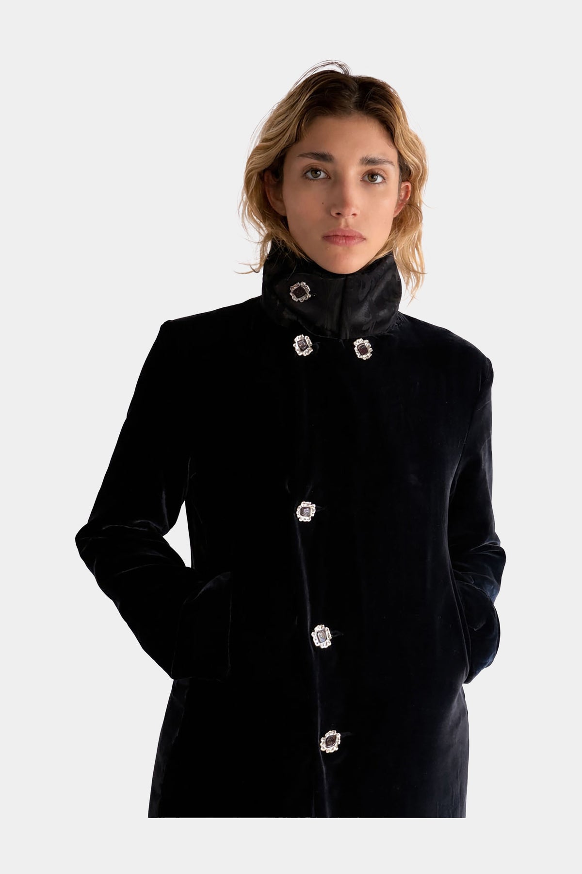MYUS Arden Evening Coat zoom in 100% mulberry silk velvet with French vintage buttons