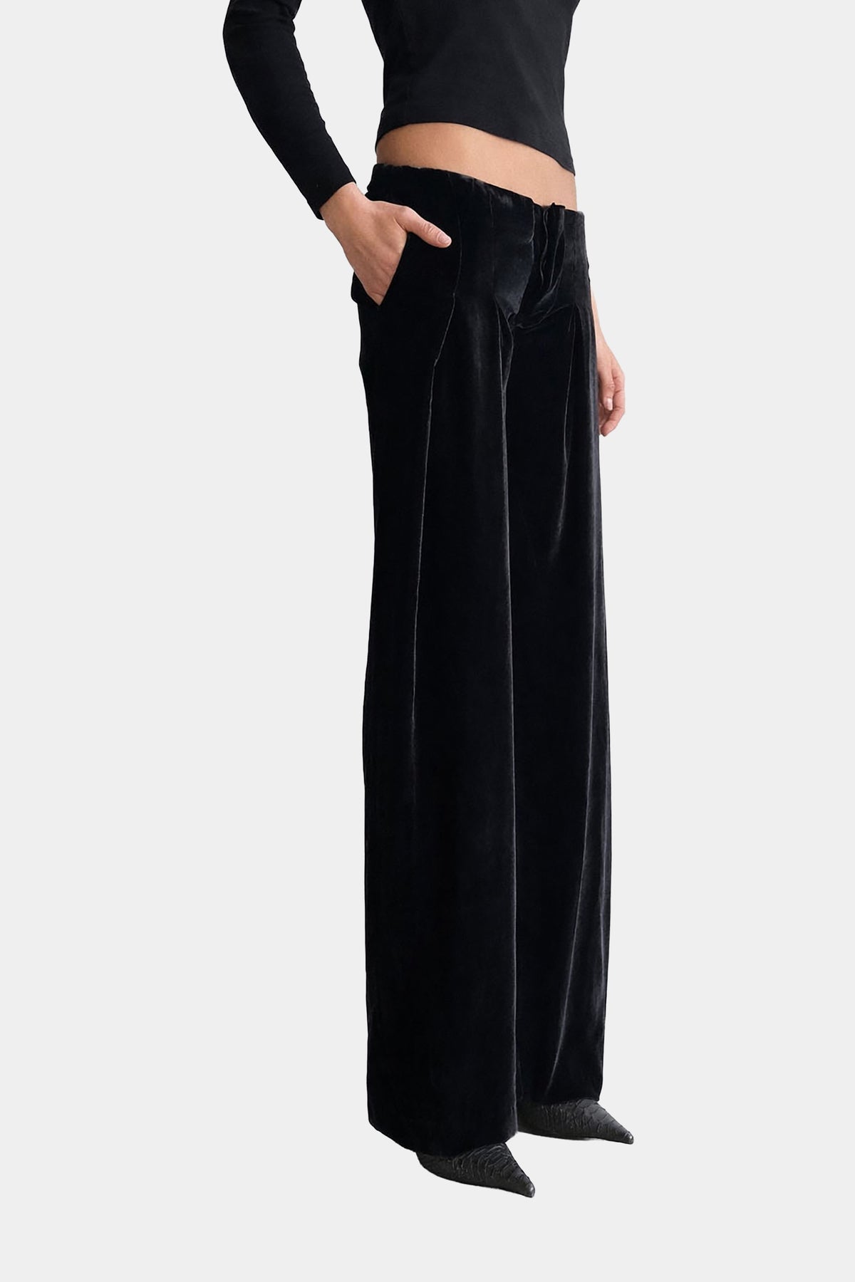 MYUS Arden Trouser side in 100% mulberry silk velvet wide leg silhouette