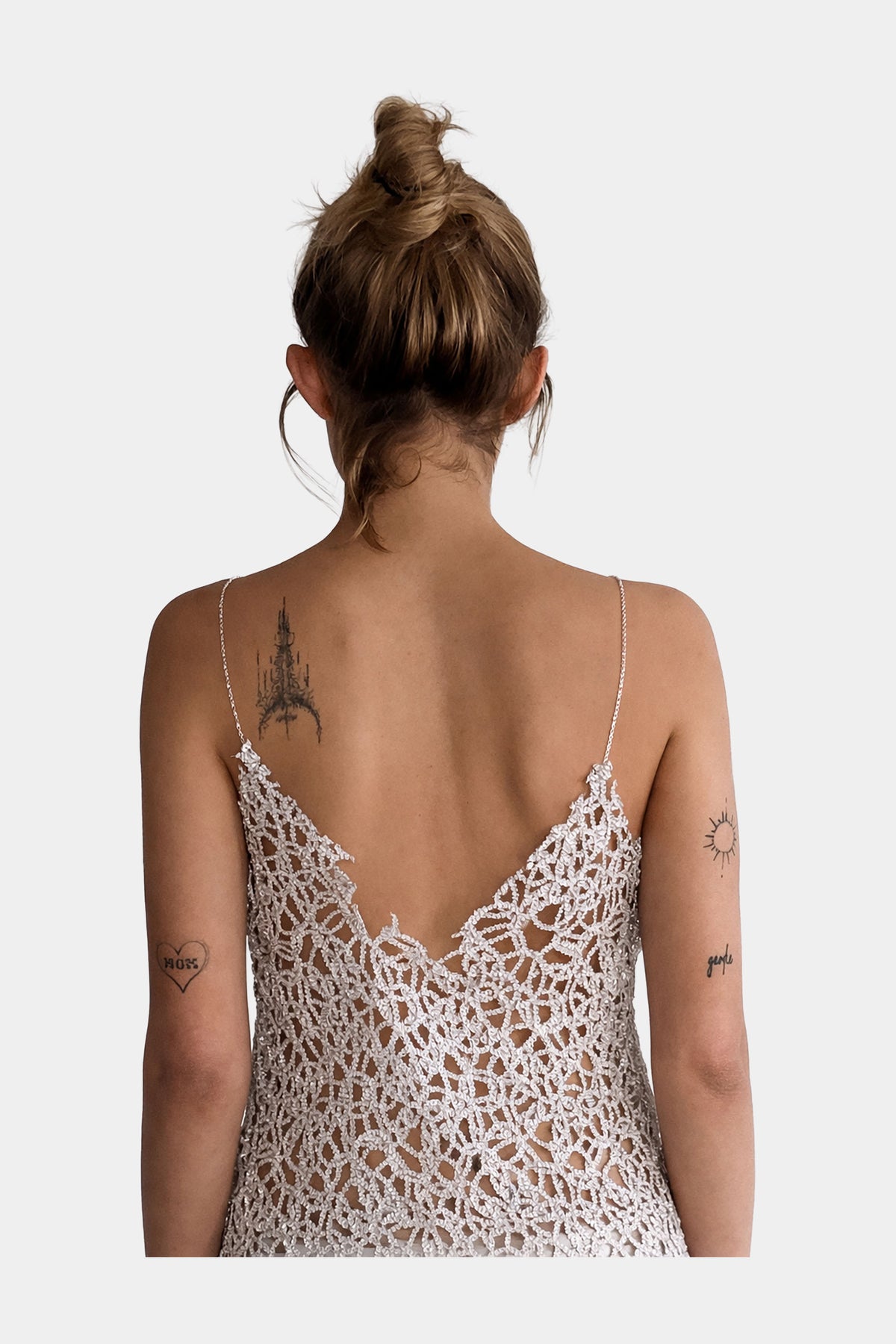 MYUS Eden Midi Dress back.zoom in handworked couture lace with sterling silver chain straps