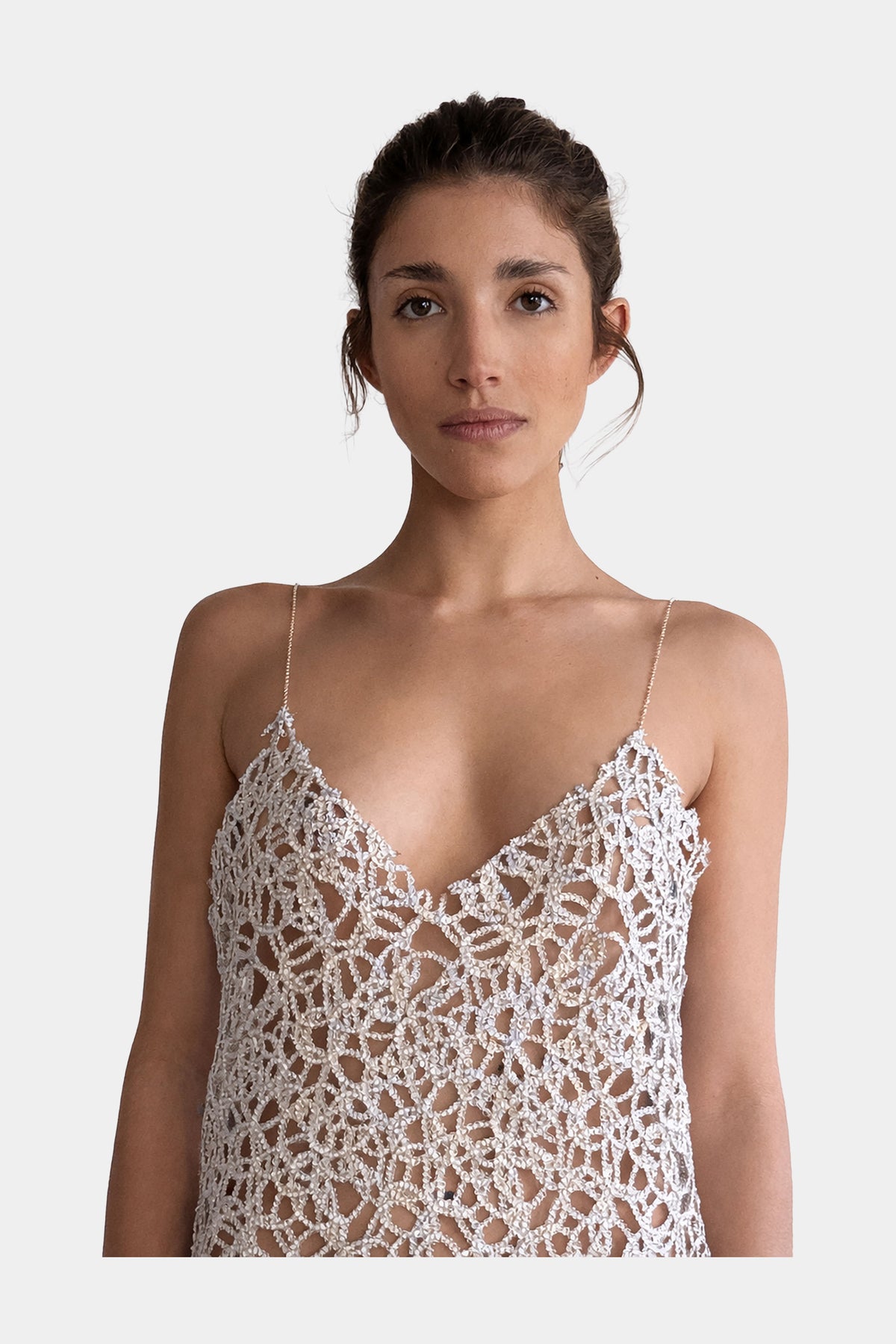 MYUS Eden Midi Dress zoom in handworked couture lace with sterling silver chain straps