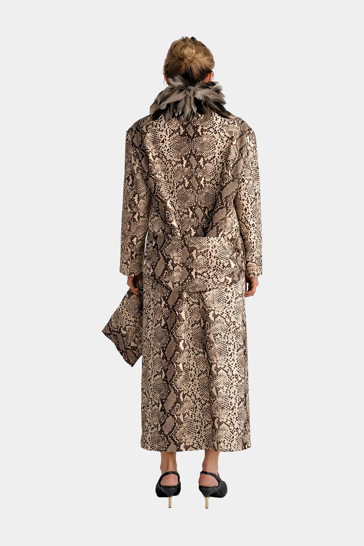 MYUS Python Coat back in python embossed calfskin leather with guinea fowl feather collar