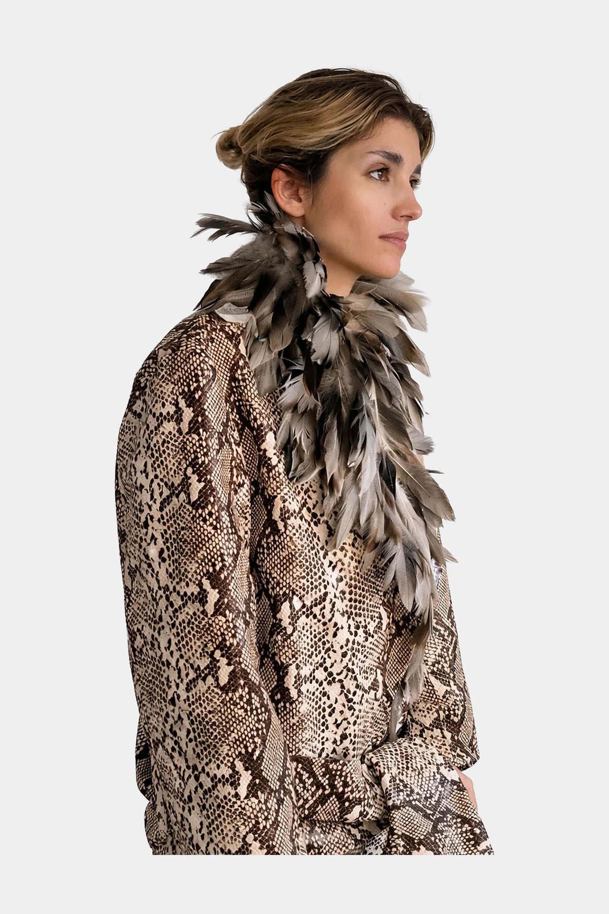 MYUS Python Coat side zoom in python embossed calfskin leather with guinea fowl feather collar