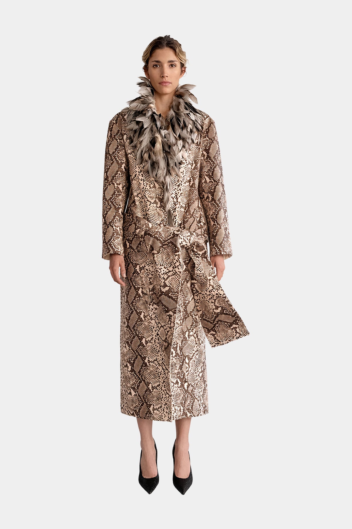 MYUS Python Coat in python embossed calfskin leather with guinea fowl feather collar