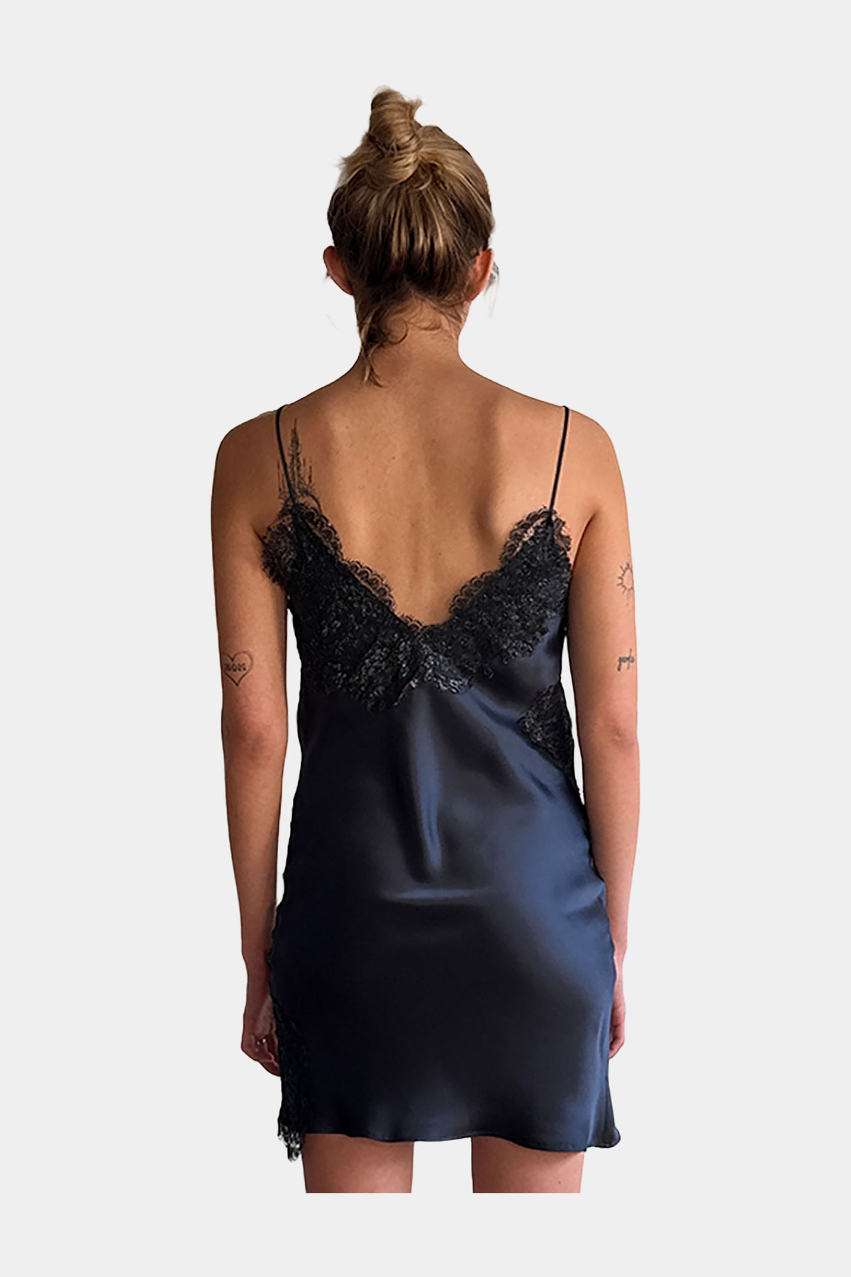 MYUS Simone Slip Midi Dress back zoom in 100% silk charmeuse with French lace detailing