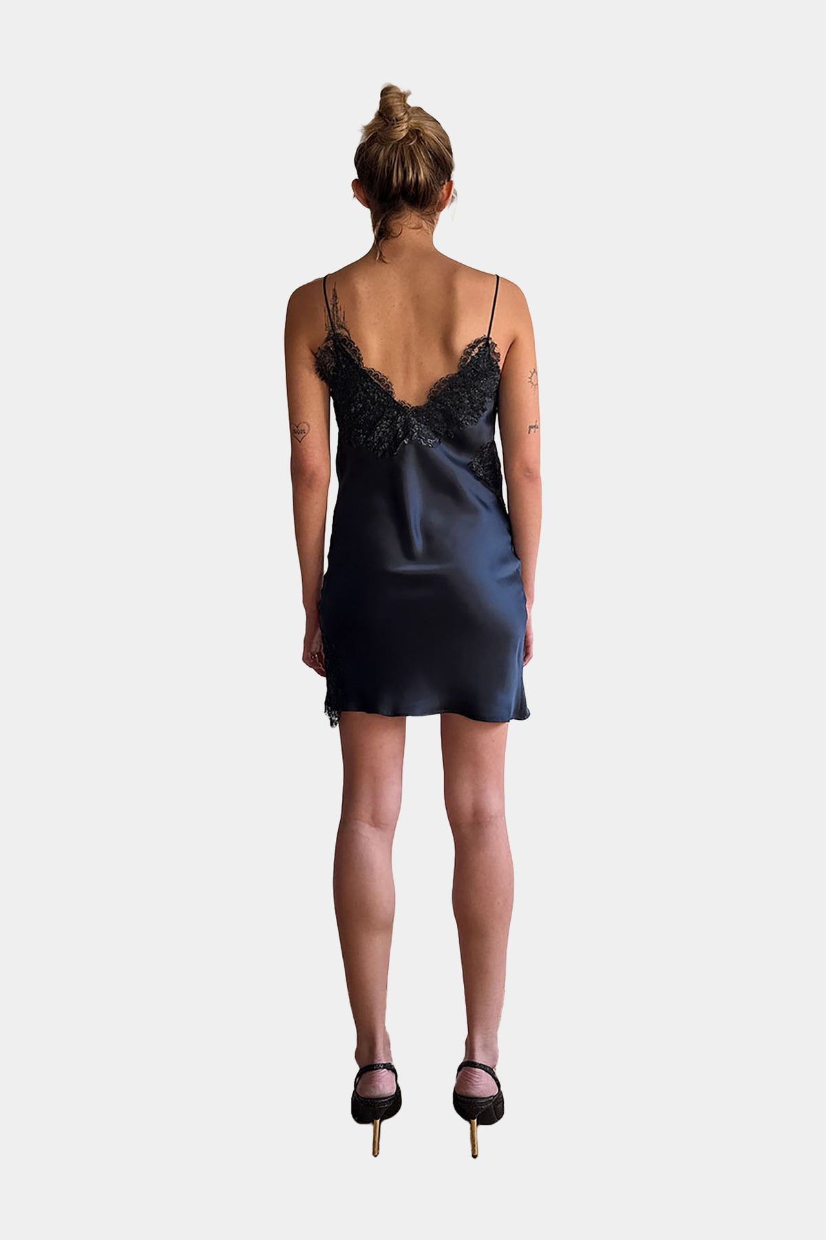 MYUS Simone Slip Midi Dress back in 100% silk charmeuse with French lace detailing