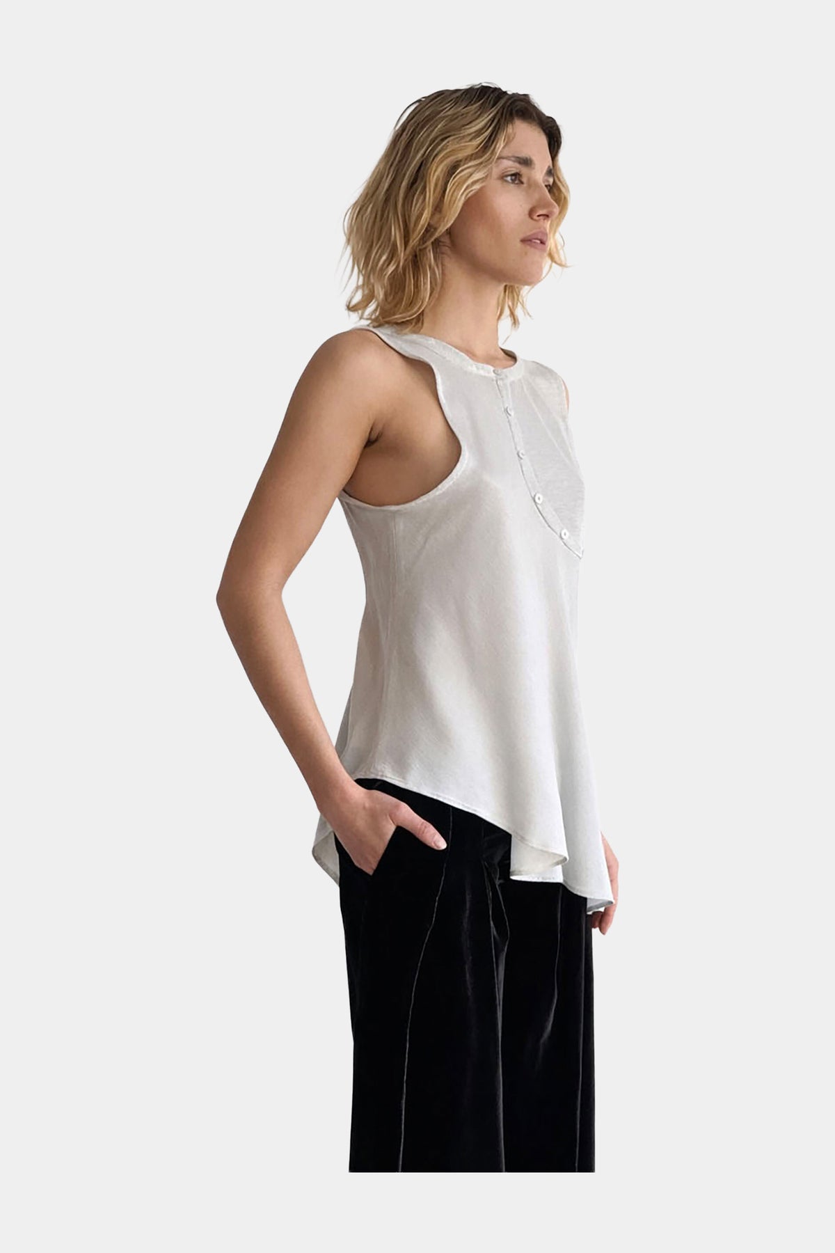 MYUS Vale Tank side zoom in silk cotton with draped asymmetric silhouette