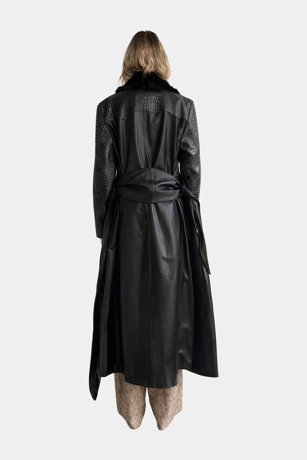 MYUS Vesper Coat back in crocodile embossed calfskin leather with pony hair collar