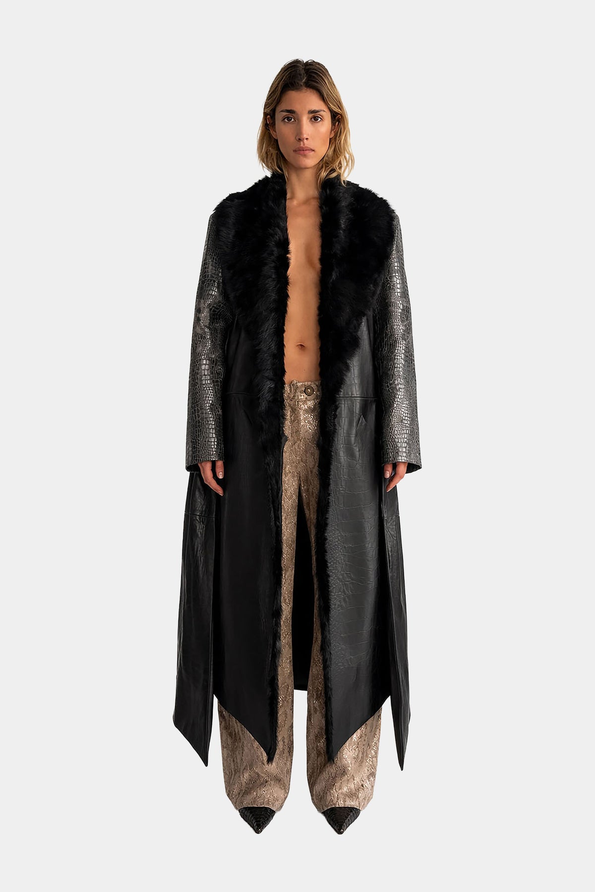 MYUS Vesper Coat open in crocodile embossed calfskin leather with pony hair collar