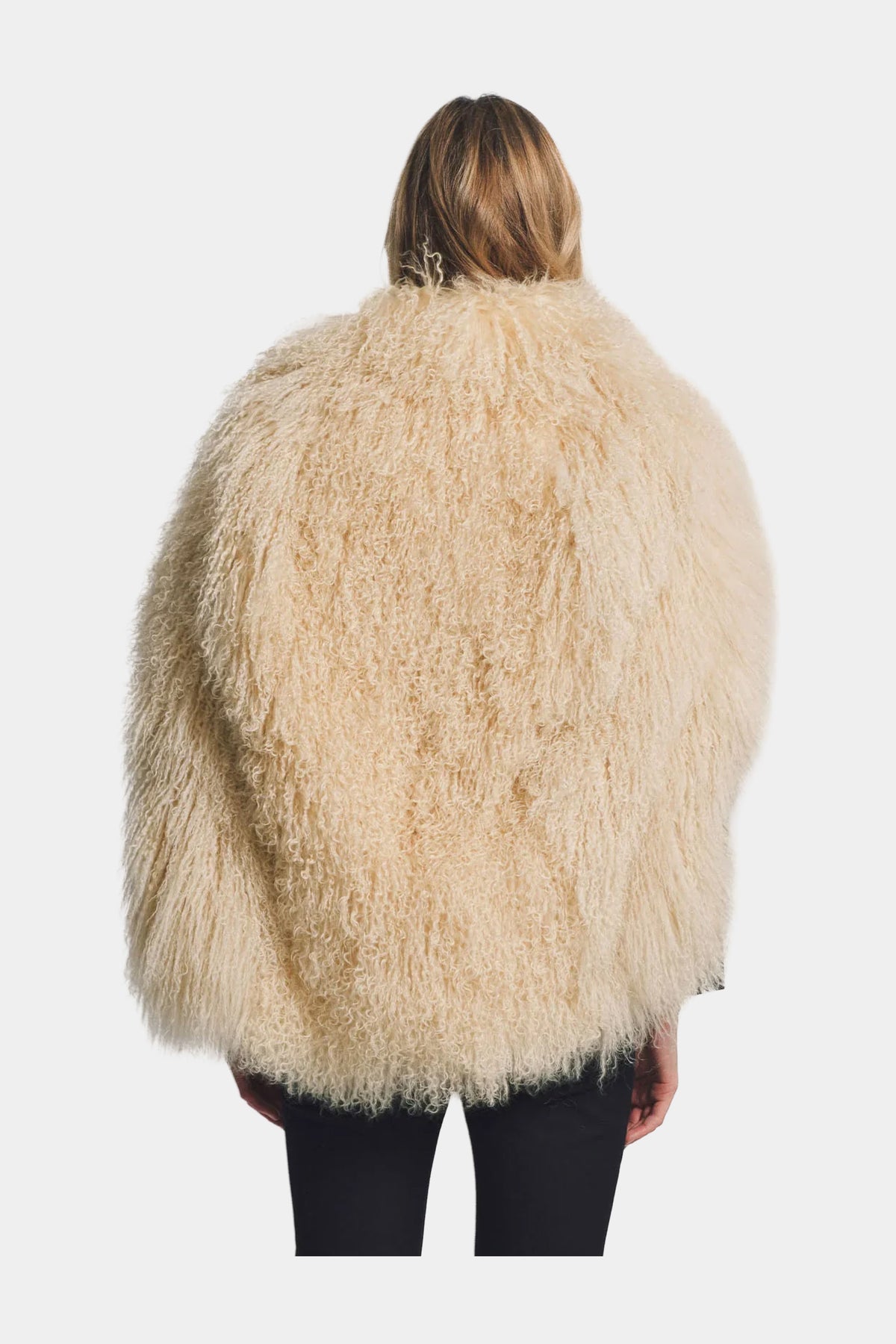 MYUS Burgess Cape Coat on body back in Mongolian goat fur available at Maxfield Los Angeles