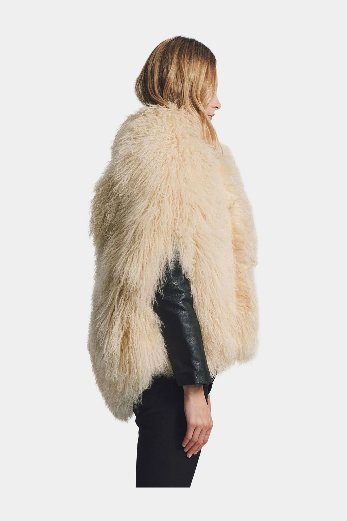 MYUS Burgess Cape Coat on body side in Mongolian goat fur available at Maxfield Los Angeles