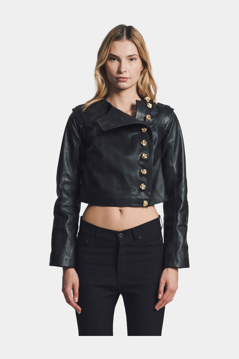 MYUS Salle D'Armes Jacket on body front in Italian lambskin leather available at Maxfield Los Angeles
