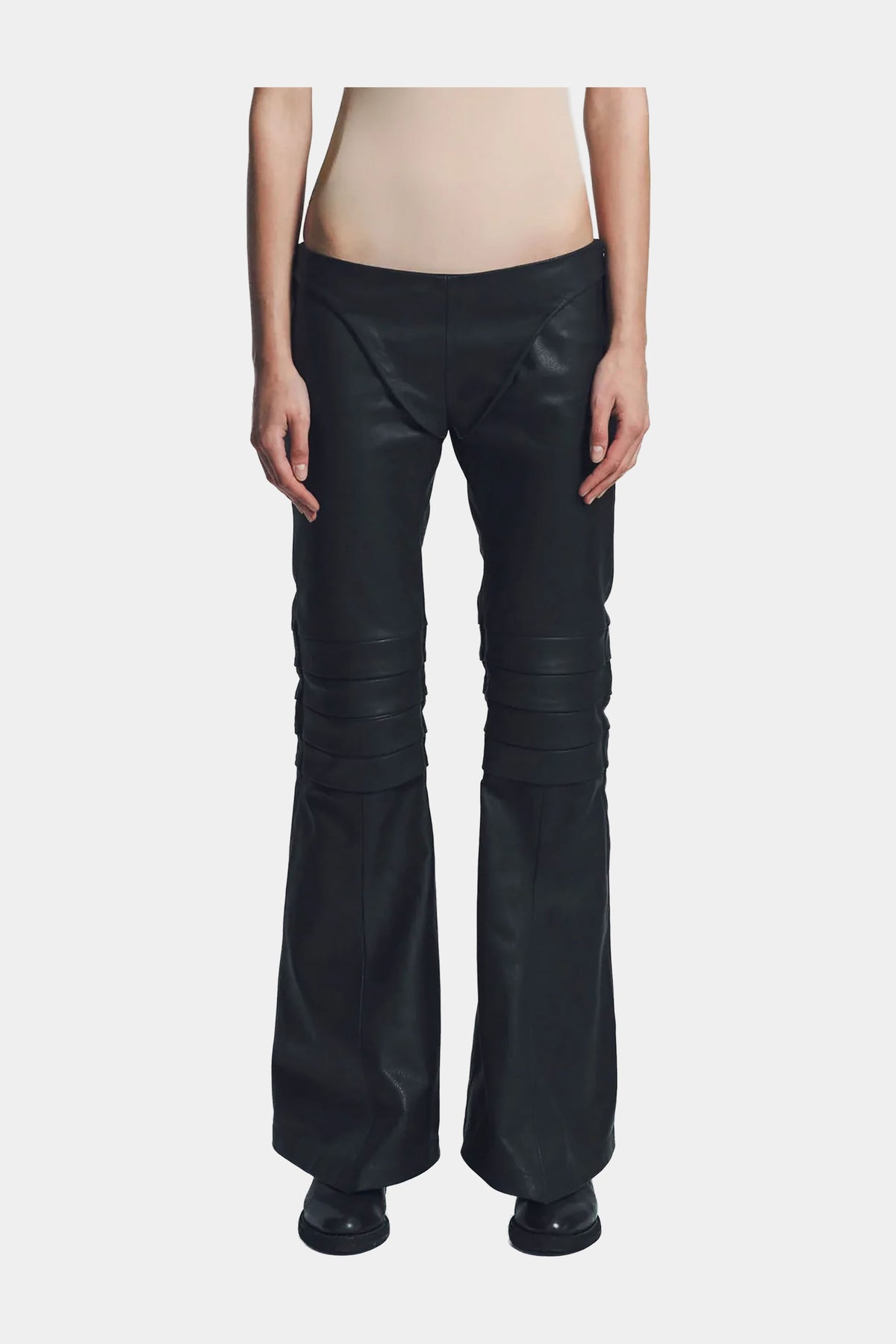 MYUS Salle D'Armes Pants on body front in Italian lambskin leather available at Maxfield Los Angeles