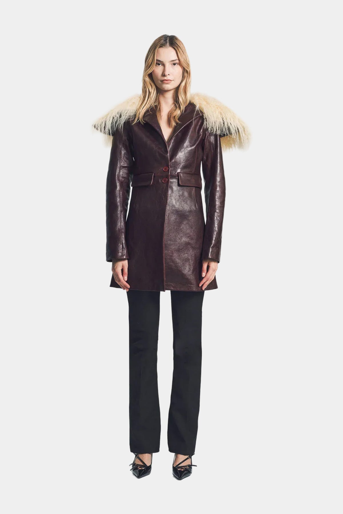 MYUS Wycliffe Coat on body front in Italian lambskin leather available at Maxfield Los Angeles