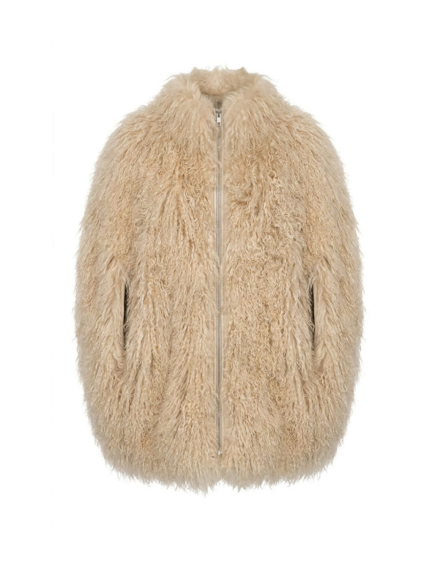 Beige Mongolian Goat Fur Cape with a zipper on a white background