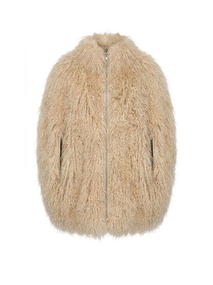 Beige Mongolian Goat Fur Cape with a zipper on a white background