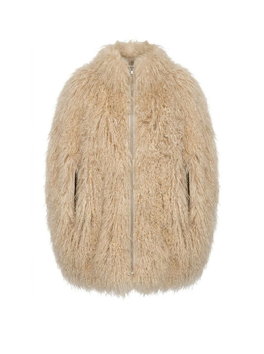 Beige Mongolian Goat Fur Cape with a zipper on a white background