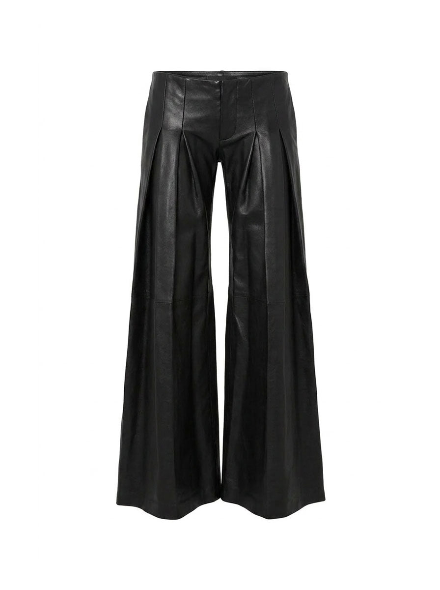 Black leather wide-leg pants on a white background