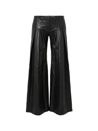Black leather wide-leg pants on a white background