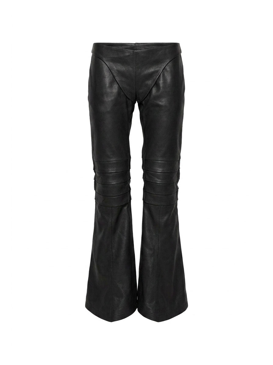 Black leather flared pants on a white background