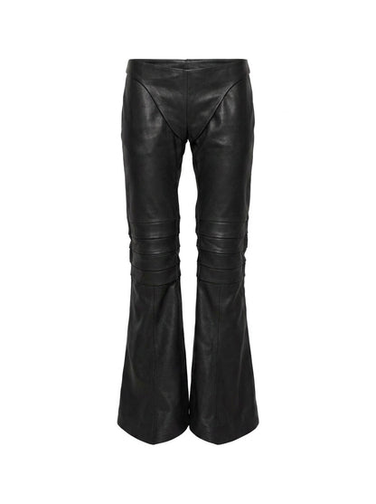 Black leather flared pants on a white background