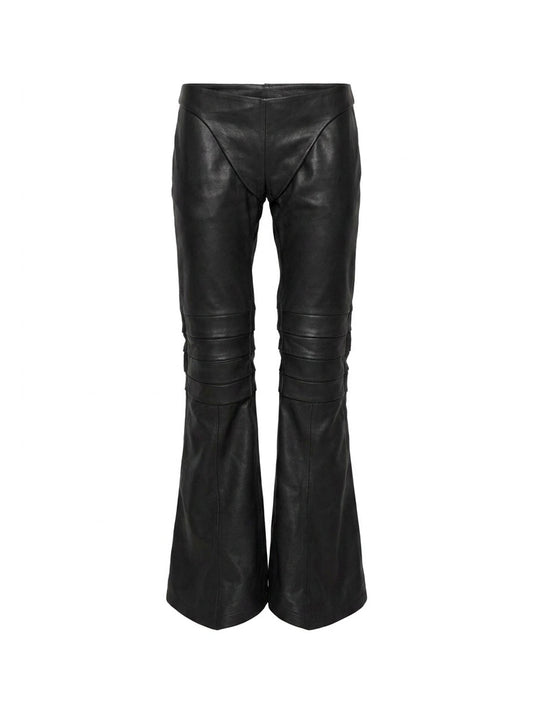 Black leather flared pants on a white background