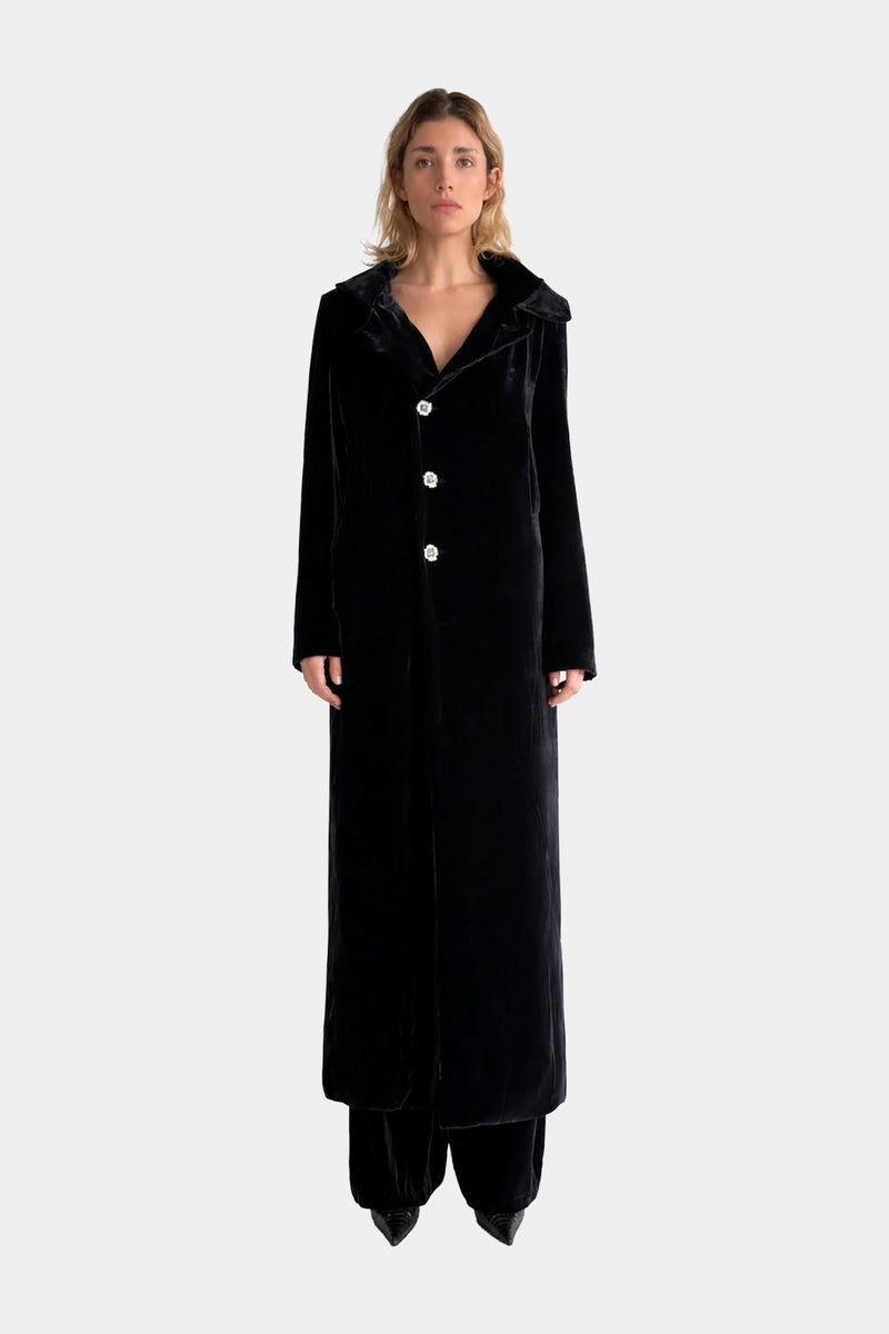 MYUS Arden Evening Coat in 100% mulberry silk velvet with French vintage buttons