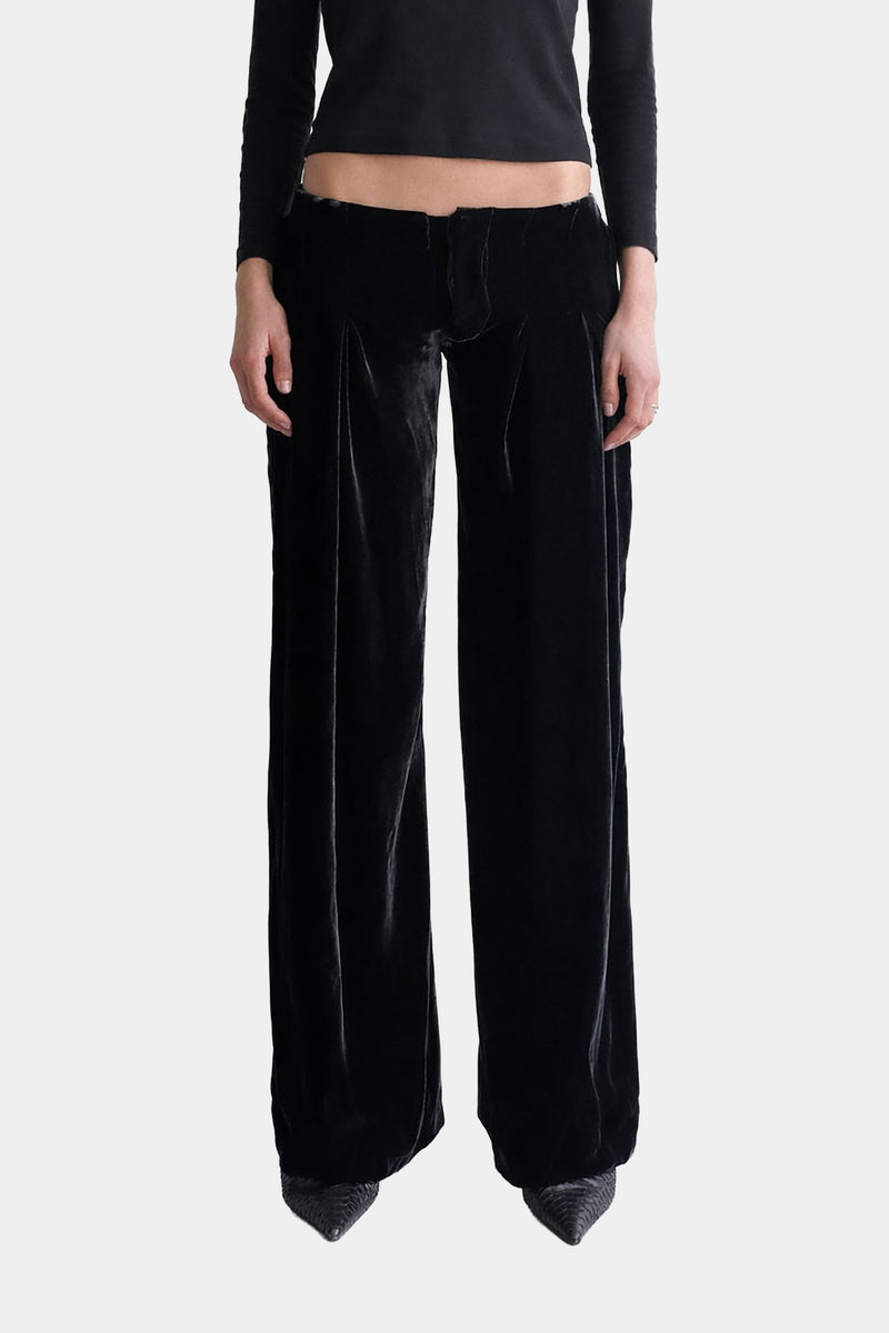 MYUS Arden Trouser in 100% mulberry silk velvet wide leg silhouette