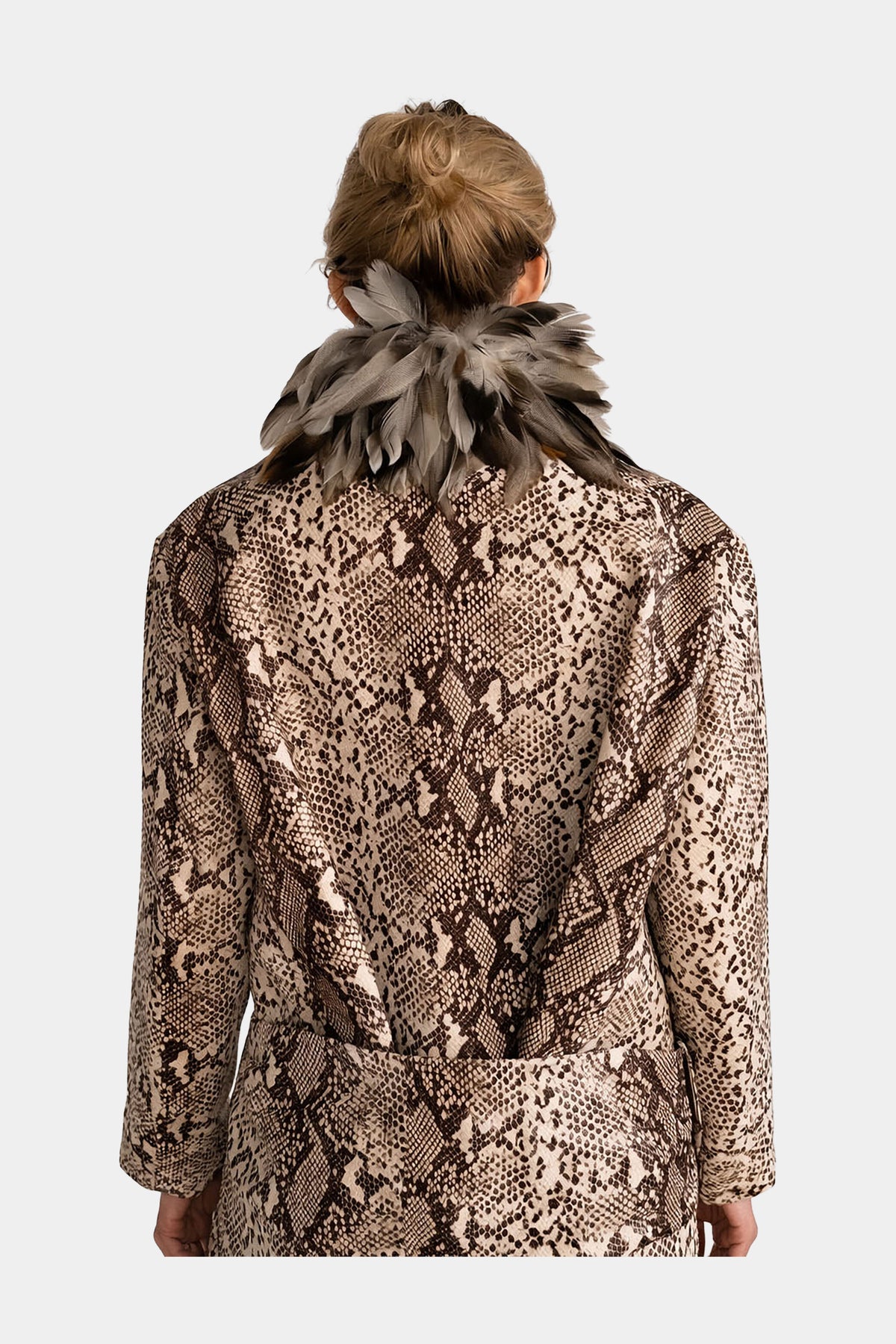MYUS Python Coat back zoom in python embossed calfskin leather with guinea fowl feather collar