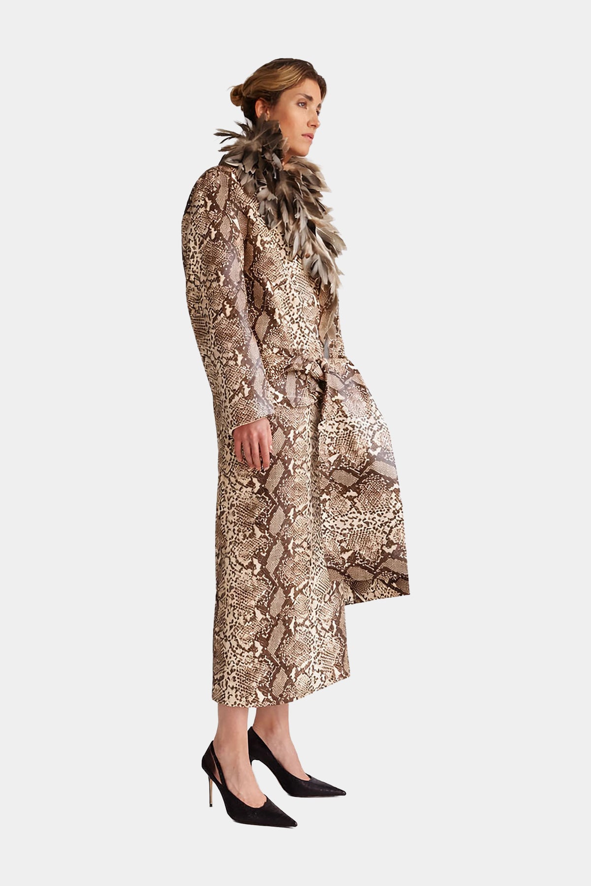 MYUS Python Coat side in python embossed calfskin leather with guinea fowl feather collar