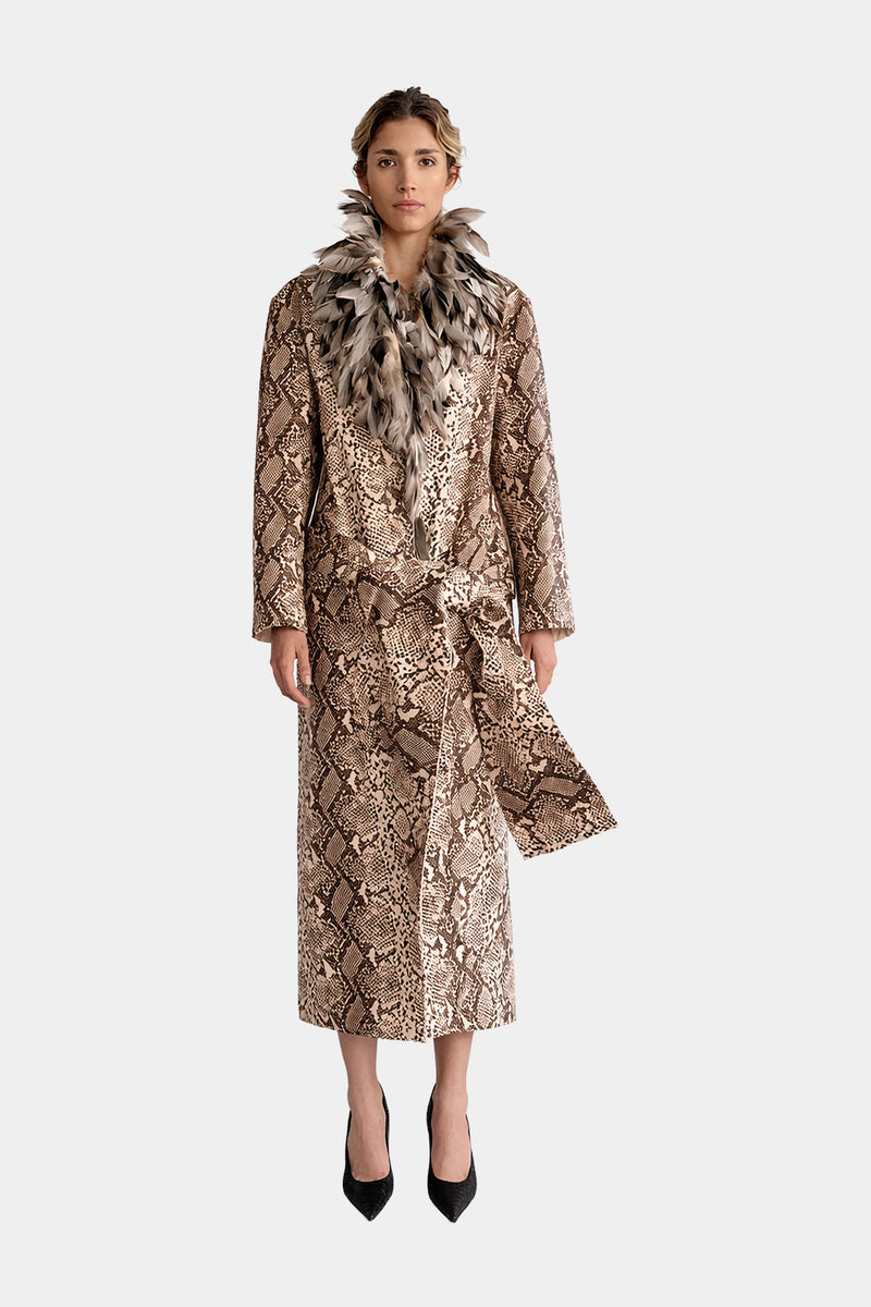 MYUS Python Coat in python embossed calfskin leather with guinea fowl feather collar