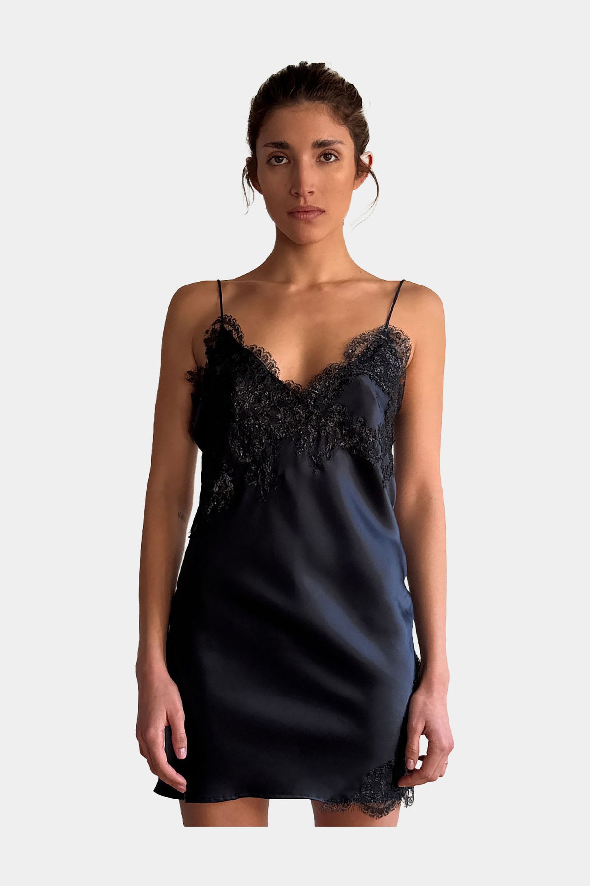 MYUS Simone Slip Midi Dress zoom in 100% silk charmeuse with French lace detailing