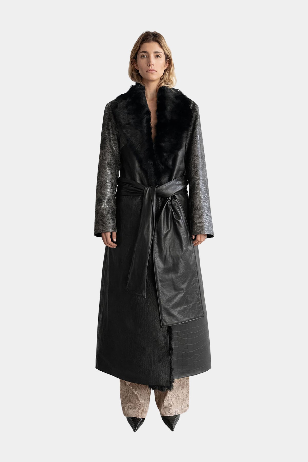 MYUS Vesper Coat in crocodile embossed calfskin leather with pony hair collar