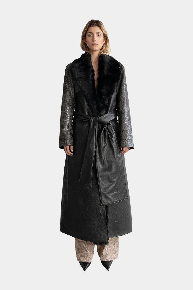MYUS Vesper Coat in crocodile embossed calfskin leather with pony hair collar