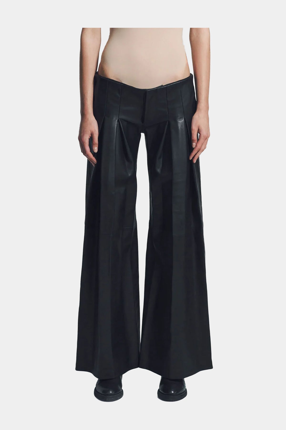 MYUS Bishop Trousers on body front in Italian lambskin leather available at Maxfield Los Angeles