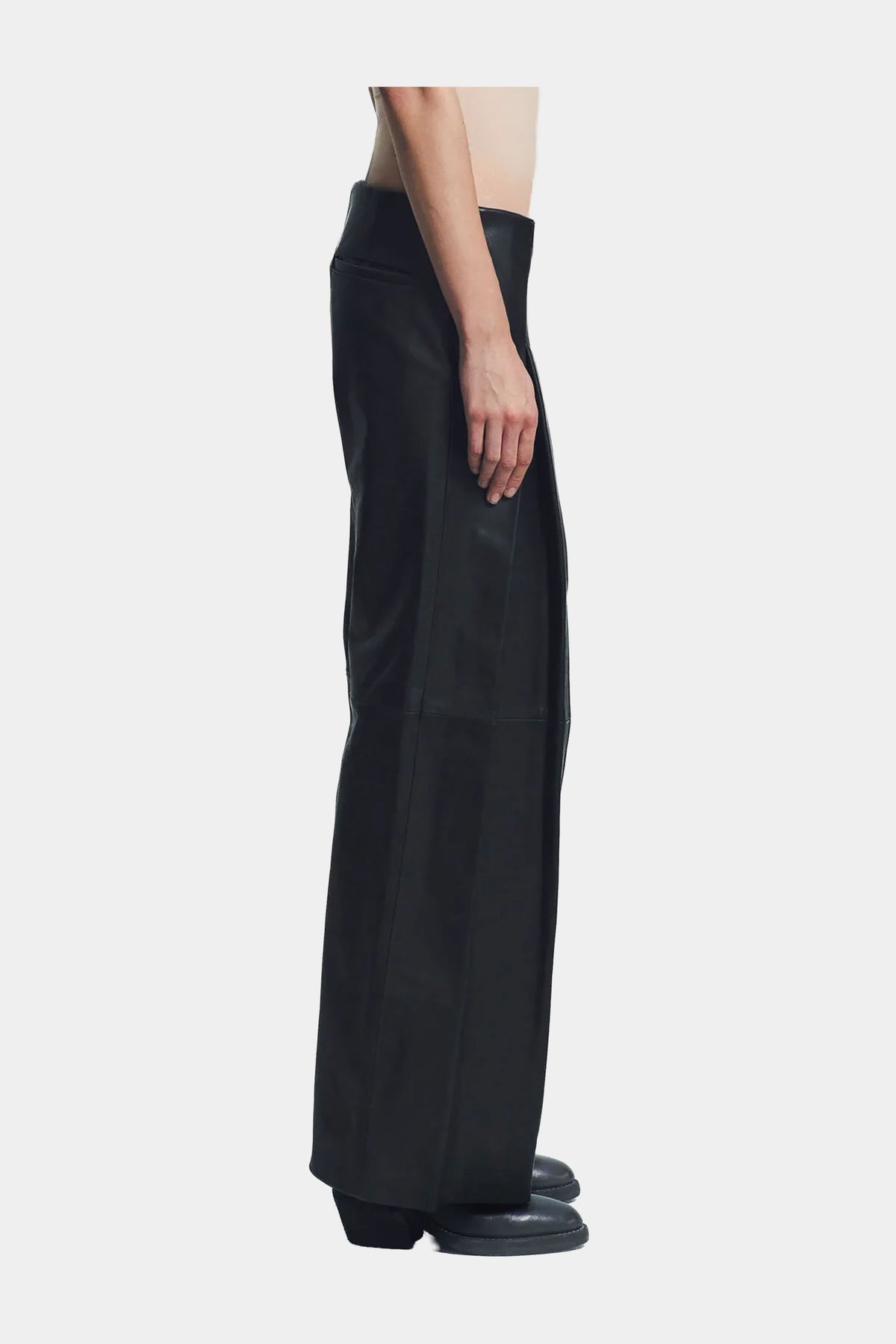 MYUS Bishop Trousers on body side in Italian lambskin leather available at Maxfield Los Angeles