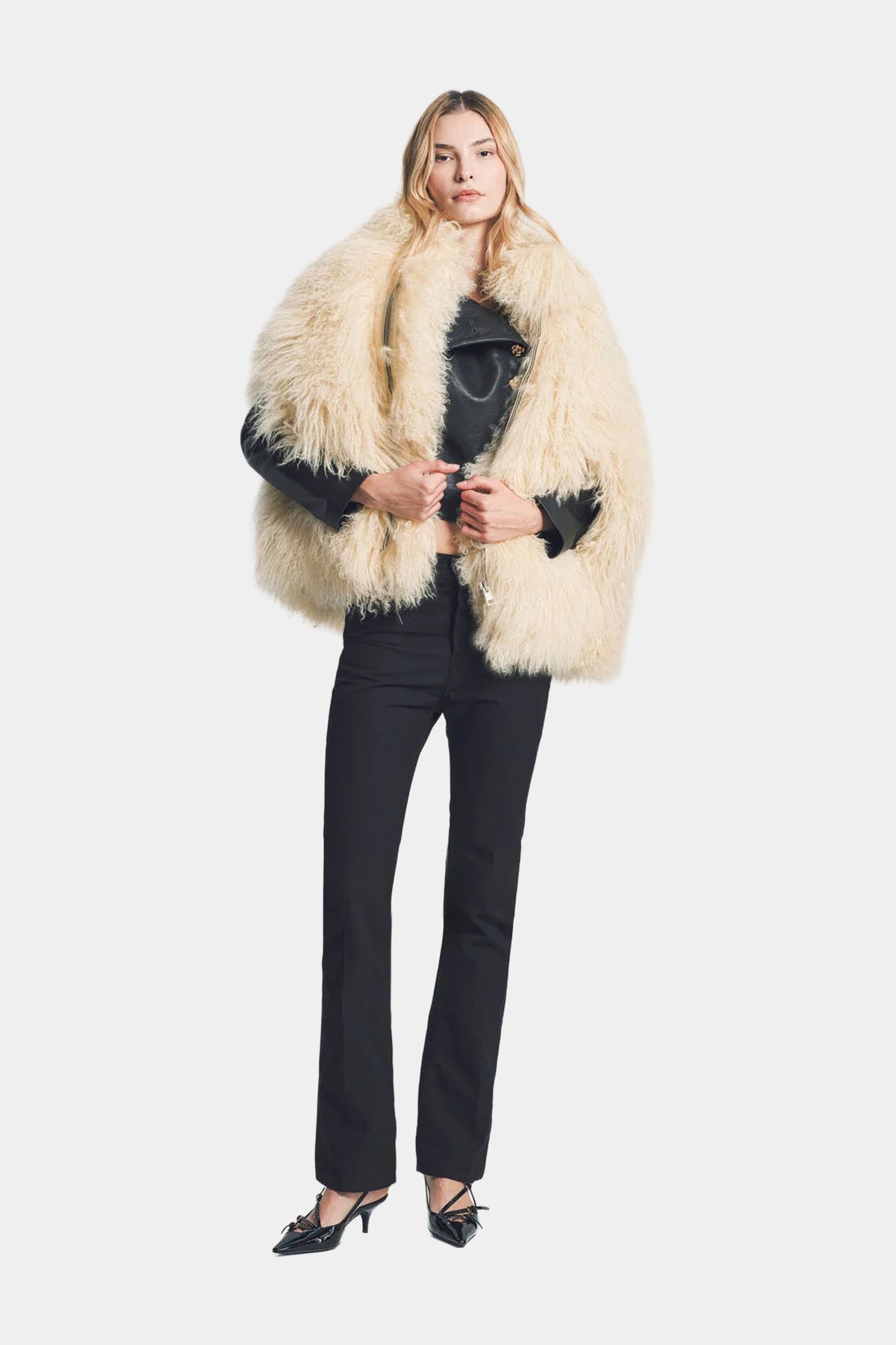 MYUS Burgess Cape Coat on body front in Mongolian goat fur available at Maxfield Los Angeles