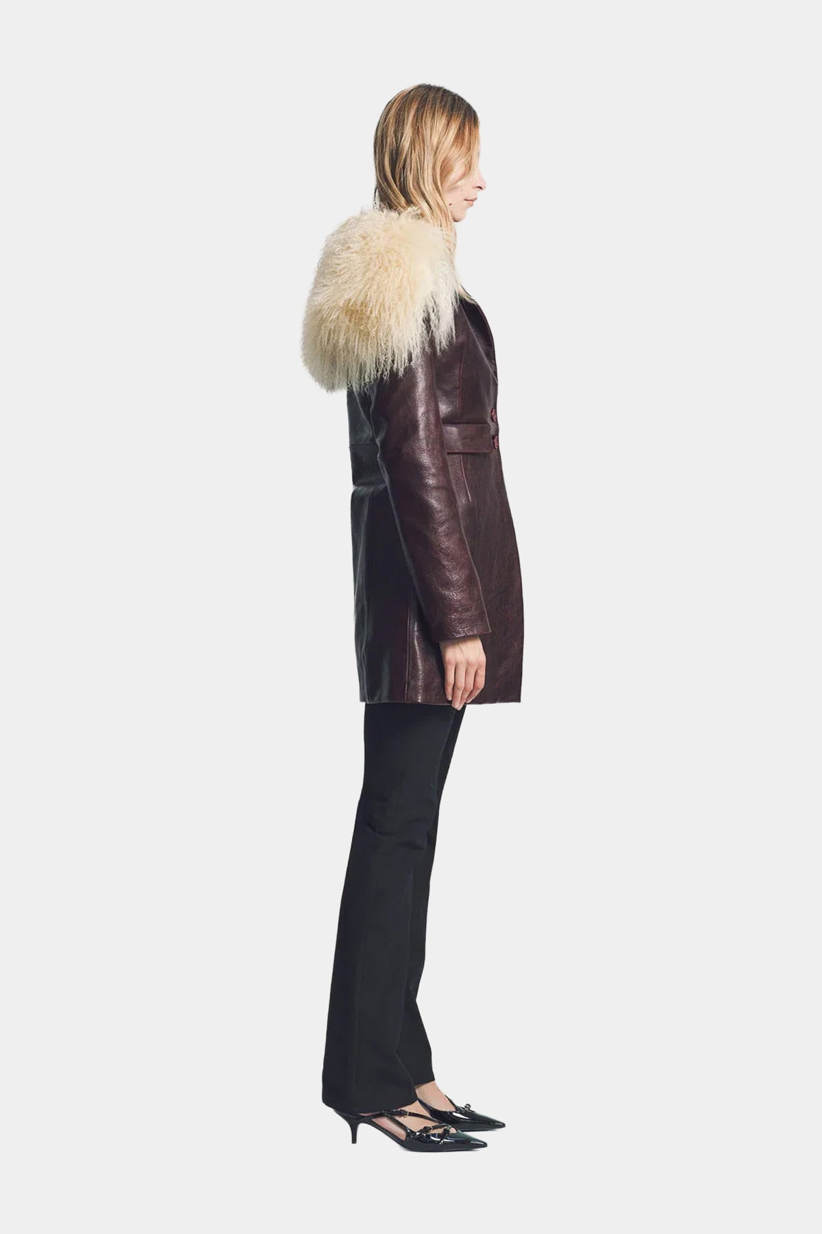 MYUS Wycliffe Coat on body side in Italian lambskin leather available at Maxfield Los Angeles